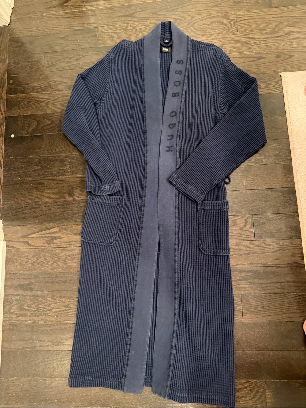 Boss Navy Ribbed Knit Cardigan with Branded Trim